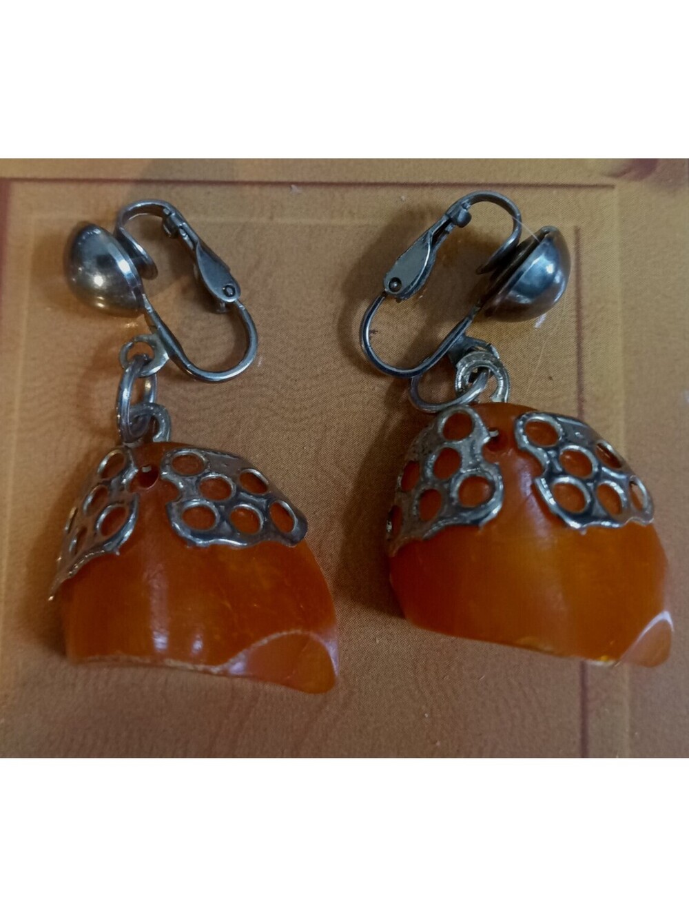 Cool Vintage Retro Clip Earring Butterscotch Early Plastic Jewelry Approx. .75"